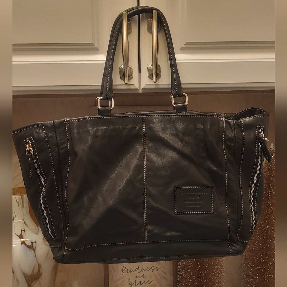 Cavalcanti Italian Black Leather Satchel Tote Bag Many Pockets For Organization